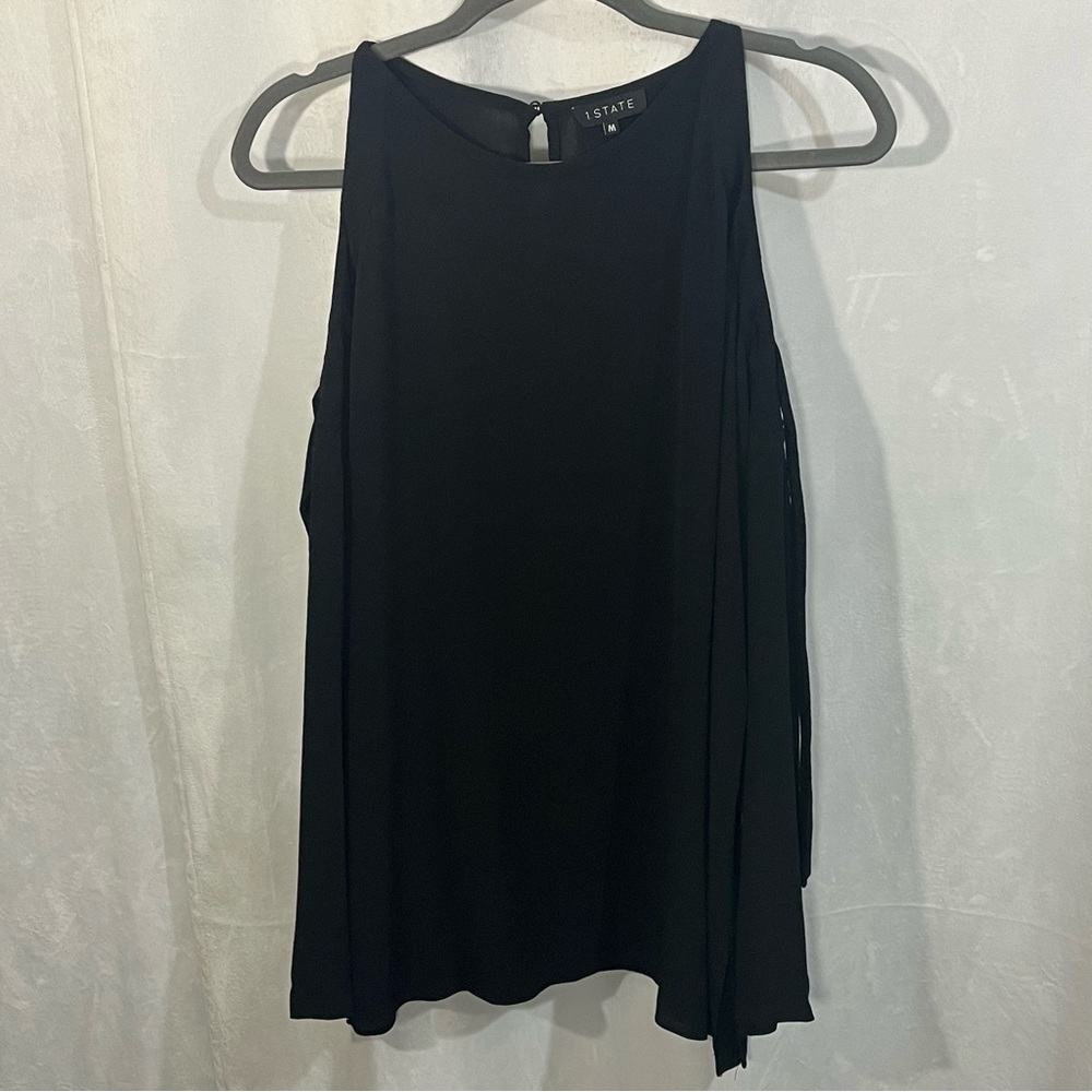 1.State Shoulder Cut Out Lace Tie Long Sleeve Back Peek A Boo Blouse Black SizeM